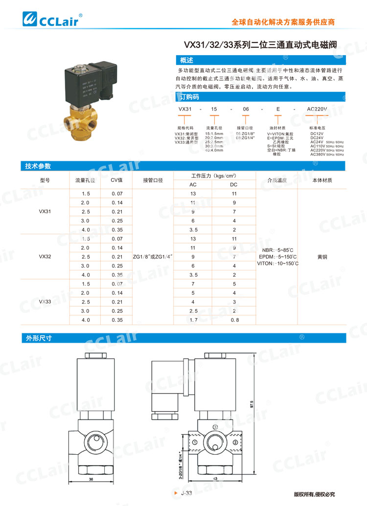 VX31、32、33系列二位三通直動式電磁閥